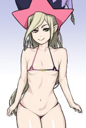 1girls belly_button bikini blonde_hair elf elf_ears green_eyes hat magilou_(tales) micro_bikini midriff multicolored_clothing pale_skin simple_background small_breasts tales_of_(series) tales_of_berseria thick_thighs wabaki wizard_hat