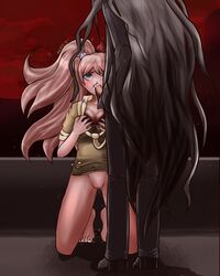 1boy barefoot black_hair blackwidowx blonde_hair blush bottomless breasts cleavage cum danganronpa danganronpa_3 drool fellatio femsub izuru_kamukura junko_enoshima large_breasts long_hair maledom oral oral_sex penis pussy_juice spiral_eyes straight straight_hair tied_hair twintails