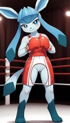 1girls 2025 ai_generated anthro blue_eyes blue_fur blushing boxing boxing_gloves crotchless digitigrade eeveelution female female_only generation_4_pokemon glaceon hi_res indoors innie_pussy looking_at_viewer nintendo pokemon pokemon_(species) pussy smile