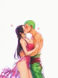 artist_request ass blush boa_hancock breast_press couple embracing female highres hugging kissing large_breasts love male one_piece romance roronoa_zoro self_upload white_background