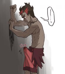 1boy abs against_wall black_eyes blush brown_hair bulge crotch cum dark-skinned_male dark_skin erection grey_background heavy_breathing human kiawe_(pokemon) male_only multicolored_hair muscle nintendo nipples pokemon pokemon_sm red_hair shorts solo standing steam sweat text topless wet