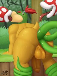 anal anal_sex anthro ass balls bodily_fluids bowser_jr. digital_media_(artwork) drooling elemental_creature eyebrows flora_fauna forest french_kissing gay genitals grass hair hi_res horn humanoid_genitalia kissing koopa male male_penetrated mario_(series) nintendo nude open_mouth outside penetration penile penis piranha_plant plant rear_view saliva scalie sex shrub smile solo sweat sweaty_balls sweaty_butt sweaty_genitalia sweaty_head sweaty_legs tail teeth tentacle tentacle_in_ass tentacle_penetration tentacle_sex timidwithapen tongue tongue_out tree