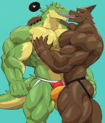 <3 2024 anatake anthro anthro_on_anthro anubian_jackal arm_around_shoulders barazoku biceps big_bulge big_muscles black_skin blue_background brother brother_(lore) brothers brothers_(lore) bulge bulge_frottage canid canine canis claws clothed clothing crocodile crocodilian crocodylid dark-skinned_male deltoids duo ears_up french_kissing fur furry gay gay_incest gay_kissing hand_on_butt hand_on_chest hand_on_pecs hand_on_shoulder heart_symbol hi_res hug huge_muscles incest incest_(lore) jackal jockstrap jockstrap_only kissing league_of_legends male male/male mammal muscular muscular_anthro muscular_male nasus nipples obliques open_mouth open_smile pec_grab pec_squish pecs pictographics quads renekton reptile riot_games scales scalie serratus sibling_(lore) simple_background smile speech_bubble squish standing teeth thick_thighs topless topless_anthro topless_male touching_pecs triceps tuft underwear underwear_only