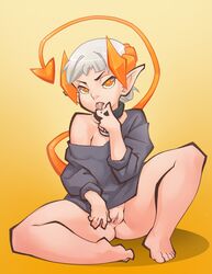 2016 bottomless cinder_(norasuko) clitoris collar demon_girl female flat_chested horns long_ears looking_at_viewer no_underwear open_mouth orange_eyes pussy saliva shirt simple_background solo spade_tail spread_legs spread_pussy spreading the_pink_pirate tongue tongue_out white_hair