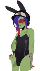 2024 acht_(splatoon) bandage bunny_ears bunnysuit dedf1sh digital_media_(artwork) futanari green_skin hat headphones octoling octoling_girl penis penis_under_clothes solo_futa splatoon splatoon_3 squarekingcup