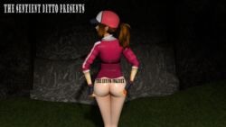 1girls 3d ass back bare_ass bottomless brown_hair cap female_protagonist_(pokemon_go) fingerless_gloves forest human legs_together looking_away mostly_nude pokemon pokemon_go ponytail text the_effing_pokedex thesentientditto