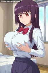 ai_generated aindroidparanoid bed bedroom big_breasts breasts busty curvy female female_only gigantic_breasts grabbing_breasts huge_breasts indoors large_breasts massive_breasts narrow_waist nipples please_don't_bully_me,_nagatoro president_(nagatoro) pubic_hair purple_eyes purple_hair red_eyes sana_sunomiya school_uniform schoolgirl shirt skirt slim_waist squeezing_breast stable_diffusion touching_breast voluptuous