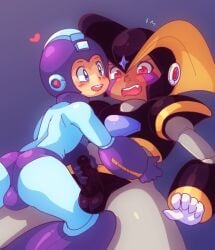 2boys ass balls bass_(mega_man) blue_eyes blush bodysuit bulge capcom drcockula erection flying_sweatdrops gay glans hand_on_penis heart helmet humanoid_genitalia humanoid_penis male male/male male_only mega_man mega_man(classic) mega_man_(character) mega_man_(series) open_mouth open_smile penis penis_grab red_eyes smile sweat teeth yaoi