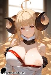 ahoge ai_generated anila_(granblue_fantasy) blonde_hair breasts draph female granblue_fantasy horns long_hair nipples one_breast_out sheep_horns sunori