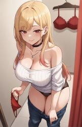 1girls ai_generated blonde_hair bra breasts denim female female_only fitting_room gyaru hi_res huge_breasts human indoors jeans kitagawa_marin lace-trimmed_panties light-skinned_female light_skin long_hair mommy nail_polish panties red_eyes red_nails smile solo sono_bisque_doll_wa_koi_wo_suru stable_diffusion stuffyai