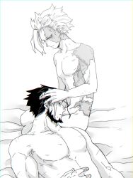 2boys beard belaf burn_scar completely_nude facial_hair facial_scar gay hand_on_another's_head intimate lying_on_person made_in_abyss male male_only monochrome nude on_back on_lap scar scars sitting sleeping twink unoirhero wazukyan yaoi