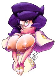 1girls aether_foundation alpha_channel areolae big_hair breasts breasts_out capelet female glasses green_eyes hallowgazer highres human inverted_nipples large_breasts long_hair looking_at_viewer nintendo nipples open_mouth pokemon pokemon_sm purple_hair smile solo sweater transparent_background turtleneck upper_body wicke_(pokemon)