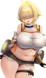 ahoge bare_shoulders belly belly_button blonde_hair blunt_bangs blush booty_shorts breast_outline cute_fang elegg_(nikke) female gloves goddess_of_victory:_nikke hair_over_eyes hotpants large_breasts midriff navel open_mouth short_shorts shorts smile thick_thighs thigh_strap thighs tight_clothing white_background