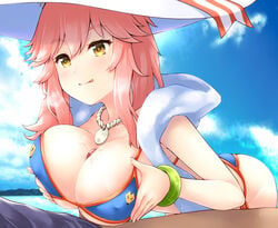 1boy :q bangs bent_over bikini blue_bikini blue_sky bracelet breasts breath cleavage cloud cloudy_sky commentary covered_nipples cum cum_on_body cum_on_breasts cum_on_upper_body day eyebrows_visible_through_hair fate/extra fate/grand_order fate_(series) female hair_between_eyes hat jewelry large_breasts long_hair looking_at_another necklace ocean outdoors paizuri penis pink_hair precum shawl side-tie_bikini sky solo_focus straight sun_hat swimsuit tamamo_no_mae_(fate) tongue tongue_out uni8 yellow_eyes