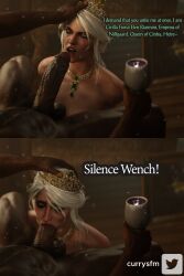 1boy 1girls 3d angry blowjob ciri crown currysfm dark-skinned_male dark_skin dialogue empress_ciri english_text fellatio forced_oral forced_submission green_eyes hand_on_another's_head humiliation interracial jewelry kneeling large_penis light-skinned_female light_skin maledom rape royalty the_witcher_(series) the_witcher_3:_wild_hunt tiara very_dark_skin white_hair wine_glass