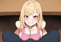 1boy 1girls ai_generated blonde_hair female gyaru human kitagawa_marin male mommy naked_apron pov red_eyes self_upload sono_bisque_doll_wa_koi_wo_suru under_the_table viriai