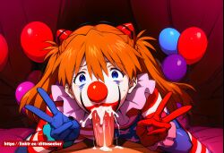 1boy 1girls ai_generated asuka_langley_sohryu balloon bending_forward bent_over blowjob blue_eyes clown clown_girl clown_makeup clown_nose cum cum_in_mouth dittoseeker double_v eye_contact facepaint fellatio female frills gloves hair_ornament hands-free humiliated humiliating humiliation neon_genesis_evangelion oral orange_hair pov red_lipstick sweat twintails v