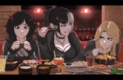 3girls blonde_hair chopsticks eating freckles front_view goth jessie_(veyonis) mika_(veyonis) multicolored_hair original_characters piercings ramen sashimi short_hair tomboy veyonis yuna_(veyonis)