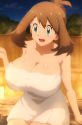 1girls 2024 ai_art ai_generated big_breasts blue_eyes brown_hair cleavage female female_only gamefreak hi_res highres huge_breasts human large_breasts may_(pokemon) mayday_(artist) nintendo outdoors pokemon pokemon_(anime) smile smiling solo water