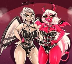 angel bitterbunz commission duo duo_female hand_on_hip harness hazbin_hotel helluva_boss lingerie lute_(hazbin_hotel) succubus verosika_mayday_(helluva_boss)