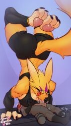 anthro clothed clothing digimon digimon_(species) furry glasses huge_breasts oral oral_sex pince-nez push-up renamon size_difference sunglasses sunglasses_on_head taomon yellow_body yellow_fur yourdigimongirl