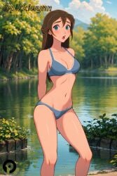 1girls ai_generated arms_behind_back bikini blue_eyes blush breasts brown_hair cleavage cloud day disney female jane_porter literature long_hair looking_at_viewer medium_breasts navel open_mouth outdoors pikkiwynn public_domain sky solo standing swimsuit tarzan_(1999_film) tree water