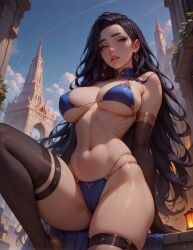 1girls ai_generated automatron big_breasts bikini blush dark_hair earrings long_hair opera_gloves sky solo stockings thick_thighs viewed_from_below