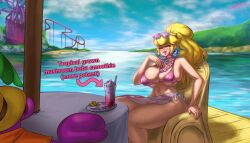 1girls 2d beach beach_chair bikini blonde_hair blush boba_tea clothing color curvaceous drink drinking_straw english_text female female_focus female_only imminent_growth jpeg lapotato8 mario_(series) nintendo outdoors pianta pinna_park ponytail princess_peach resort roller_coaster sitting smoothie spoon sunglasses_on_head super_mario_odyssey super_mario_sunshine text water whipped_cream