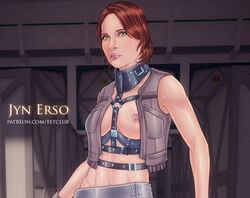 actress belly breasts brown_hair celebrity cleavage covered_breasts covered_nipples eromaxi felicity_jones female jacket jyn_erso large_breasts long_hair lucasfilm navel nipples rogue_one:_a_star_wars_story solo star_wars straight