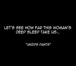 asskoh black_background comic comic_page english_text milkypuff molestation sleep_molestation text text_only unzipping unzipping_pants