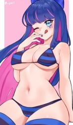 1girls artist_name bikini breasts covered_nipples female multicolored_hair navel panty_&_stocking_with_garterbelt seisoporl stocking_anarchy stockings striped_bikini tongue tongue_out wink winking winking_at_viewer