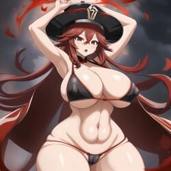 abs ai_generated areolae armpits arms_up big_breasts bikini black_hat bluecatrip erect_nipples fit fit_female flowers genshin_impact gigantic_breasts hand_behind_head hands_behind_head hat hoyoverse hu_tao_(genshin_impact) huge_breasts jadf_(style) long_hair looking_at_viewer petals red_eyes red_hair small_bikini stable_diffusion swimsuit swimwear thick_thighs thong tight_bikini tight_clothing tight_swimsuit wide_hips