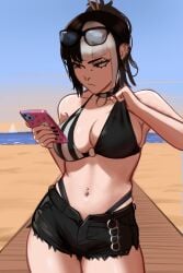 1girls belly_piercing bikini_top collar ear_piercing eyebrow_piercing female_only front_view glasses_on_head goth legs_together mika_(veyonis) multicolored_hair navel navel_piercing nose_piercing o-ring o-ring_bikini pale_skin piercings shorts smartphone standing swimsuit veyonis