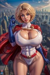 1girls ai_generated big_breasts big_eyes big_lips blonde blonde_female blue_eyes blue_gloves busty cape dc dc_comics entity_ai eyes_up_here female_only flying gloves huge_breasts kara_zor-l karen_starr kryptonian power_girl red_cape solo solo_female superheroine superman_(series) thick_lips thighs toned_stomach top_heavy wide_hips