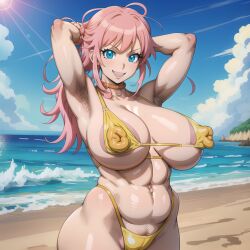 abs ai_generated areolae armpit_hair armpits beach bikini blue_eyes hands_behind_head horse_tail kunaboto_(style) looking_at_viewer muscular_female pink_hair pubic_hair puffy_nipples sand sea seaside smile smiling stable_diffusion swimsuit thong tied_hair waves yellow_bikini yellow_swimsuit