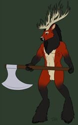 1boy animal_genitalia anthro antlers axe bakari balls cervine deer full-length_portrait full_length fur hair horn male male_only mammal melee_weapon nude portrait sheath simple_background solo standing weapon