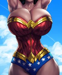 ai_generated arms_up black_hair bursting_breasts cleavage dc_comics head_out_of_frame head_out_of_view hourglass_figure huge_breasts massive_breasts narrow_waist solo thin_waist wide_hips wonder_woman