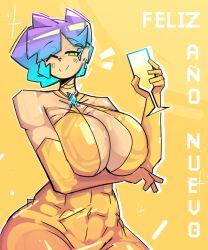 1girls 2020s 2023 2d 2d_(artwork) 5_fingers big_breasts blue_hair breasts champagne champagne_glass choker clarice_(paralleldier) cleavage diamond dierelc dress earrings female female_focus female_only gold_dress green_eyes hi_res highres hips hourglass_figure large_breasts light-skinned_female light_skin multicolored_hair original original_character paralleldier robot_girl slim_waist solo solo_female solo_focus thighs wide_hips wink winking