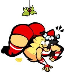 1boy andrew_(wonkytoons) artist_name ass_up big_ass christmas fat_ass femboy fingerless_elbow_gloves fingerless_gloves holly_(plant) huge_ass human long_hair looking_up male male_only no_visible_genitalia original_character prone_position red_berries santa_costume shorts solo spiky_leaves thighhighs toony two_tone_hair wonky_toons