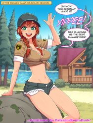 1girls bare_legs bare_thighs big_breasts clothed clothing color english_text female female_focus female_only green_eyes hat hi_res large_breasts light-skinned_female light_skin long_hair looking_at_viewer original_character red_hair ronindude solo solo_female summer summer_camp tagme text text_bubble thick_thighs