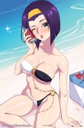 1girls bare_arms bare_legs bare_shoulders bare_thighs beach big_breasts bikini bikini_bottom bikini_top breasts clothed clothing cola color cowboy_bebop elpipe3000 faye_valentine female female_focus female_only green_eyes hairband hi_res human large_breasts light-skinned_female light_skin looking_at_viewer nipples_visible_through_clothing pale-skinned_female pale_skin purple_hair sand sea short_hair solo solo_female sweat tagme thick_thighs water