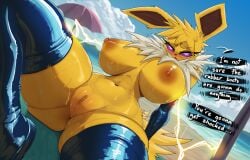 absurd_res anthro areola big_breasts biped breasts clothing eeveelution eyelashes faejunkie female generation_1_pokemon genitals hi_res jolteon legwear looking_at_viewer nintendo nipples non-human_areolae pokemon pokemon_(species) pupils pussy solo thick_thighs thigh_highs