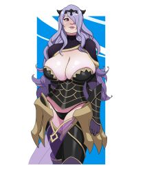 1girls armor black_panties camilla_(fire_emblem) cleavage female fire_emblem fire_emblem_fates huge_breasts light-skinned_female nintendo panties purple_eyes purple_hair simple_background skindentation solo_female sparky.girlsart thong unconvincing_armor underwear very_long_hair