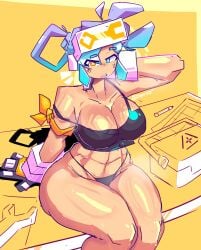 2020s 2023 2d 2d_(artwork) 5_fingers abs big_breasts big_thighs bikini black_panties blue_eyes blue_hair breasts busty collarbone dierelc exhaling gloves heterochromia hi_res highres hips large_breasts large_thighs light-skinned_female light_skin multicolored_hair panties paralleldier purple_hair sitting sitting_on_table sweat sweaty thick_thighs thighs tomboy toned_female toned_stomach voluptuous wide_hips wrench wrench_hair_ornament wrenya_(paralleldier) yellow_eyes