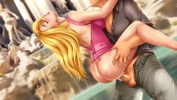 ass blonde_hair closed_eyes clothed_sex dita_(fap_ceo) fap_ceo fountain holding_partner nutaku vaginal_penetration