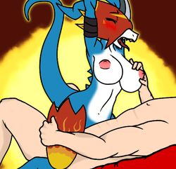 anthro big_breasts breast_grab breasts colored cowgirl_position digimon digimon_(species) digimon_adventure_02 dragon faceless_male female flamedramon human human_on_anthro l1zardman male male_human/female_anthro male_human/female_digimon nipples recolor sex tail talking_leech