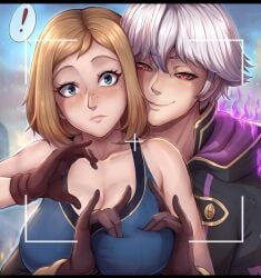 ! 1boy 1girls blue_eyes breast_grab breasts brown_hair camera_view cleavage double_breast_grab evomanaphy female fire_emblem fire_emblem_awakening fire_emblem_heroes gloves grey_hair grima_(fire_emblem) groping heart_gesture kiran_(fire_emblem) kiran_(fire_emblem)_(female) large_breasts looking_at_viewer male nintendo photo red_eyes robin_(fire_emblem) robin_(fire_emblem)_(male) straight white_hair