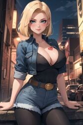 1girls ai_generated android android_18 belt big_breasts blonde_hair blue_eyes bob_cut breasts cleavage clothed clothing curvy denim denim_jacket dragon_ball dragon_ball_z earrings female jacket large_breasts light-skinned_female looking_at_viewer medium_hair milf pale-skinned_female petite queen_of_hearts seductive_eyes seductive_look shorts smile solo solo_female stockings tattoo yuroart