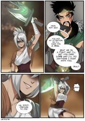 1boy 1girls arena comic comic_page draven fight fighting league_of_legends mocking page_1 page_number rage riven smirk sword untitledexpression white_hair