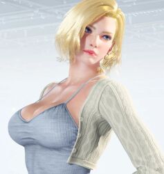 1girls 3d 3d_(artwork) big_breasts blonde_female blonde_hair blue_tank_top bursting_breasts cardigan cleavage female female_only mod namco nina_williams solo solo_female tank_top tekken tekken_1 tekken_2 tekken_3 tekken_4 tekken_5_dark_resurrection tekken_6_bloodline_rebellion tekken_7 tekken_8 tekken_blood_vengeance tekken_tag_tournament tekken_tag_tournament_2